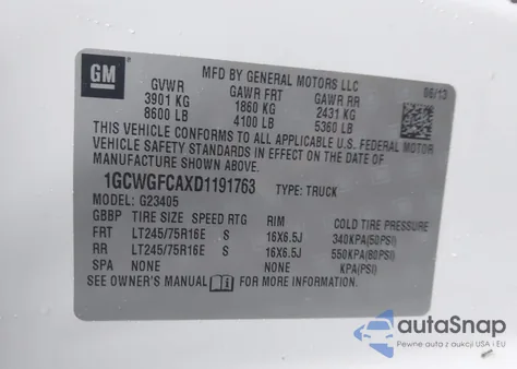 2013 Chevrolet Express 2500 Work Van z USA, uszkodzony, nr VIN 1GCWGFCAXD1191763